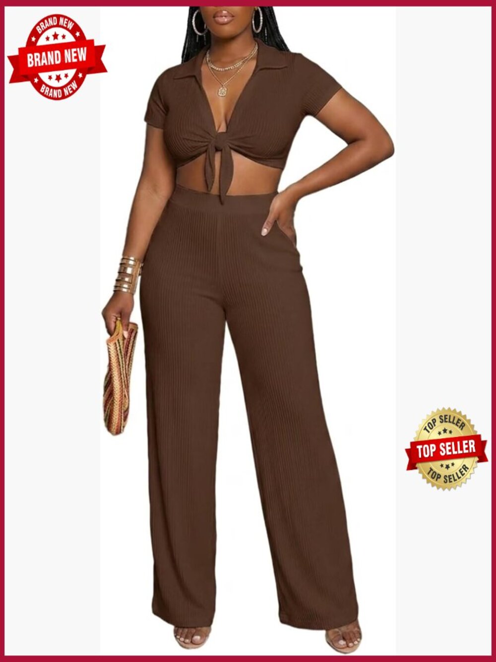 V Neck Crop Top Wide Leg Pant Set Summer 2 Piece Outfit